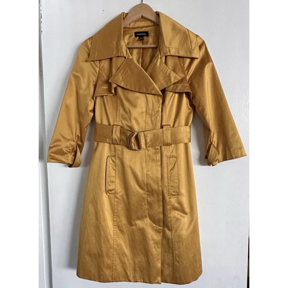 Vintage Bebe Y2K Gold Yellow Satin Trench Coat Jacket Belted 3/4‎ Sleeve Size XS